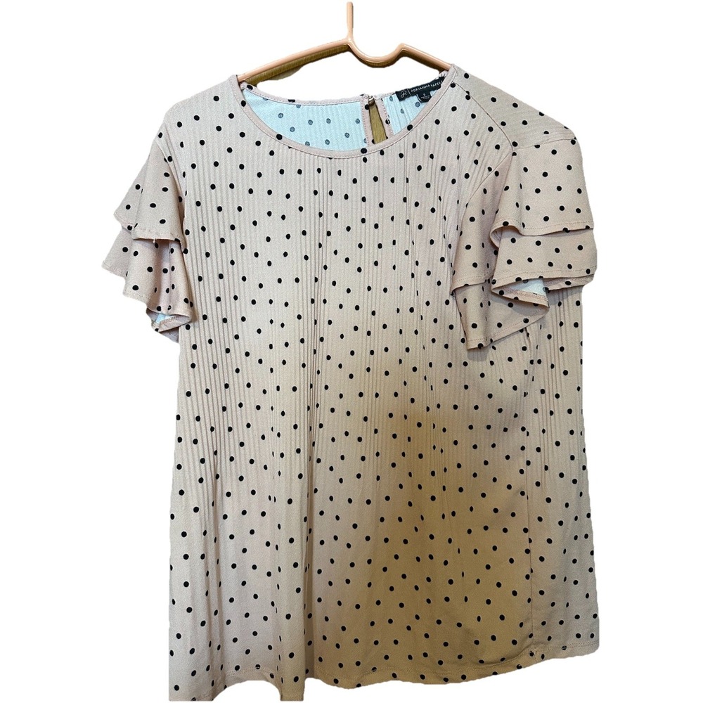 Adrianna Papell Polka Dot Ruffle Sleeve Button Blouse Pink Black Size S